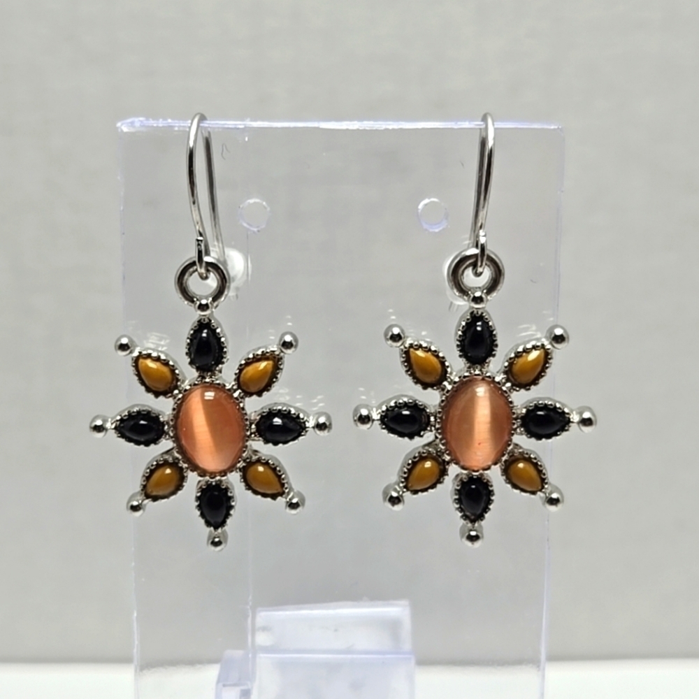 Vintage CHAPS Silvertone Flower Dangle Pierced Earrings Black Taupe Brown Stone